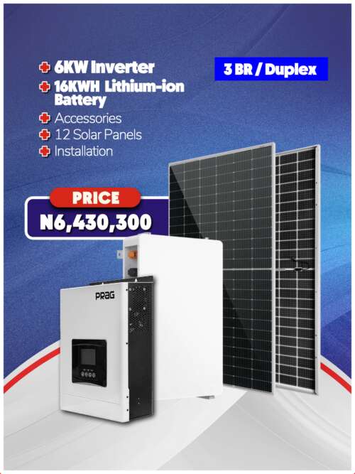 6KVA Inverter + 16KWH Battery + Panels + Accessories + Installation