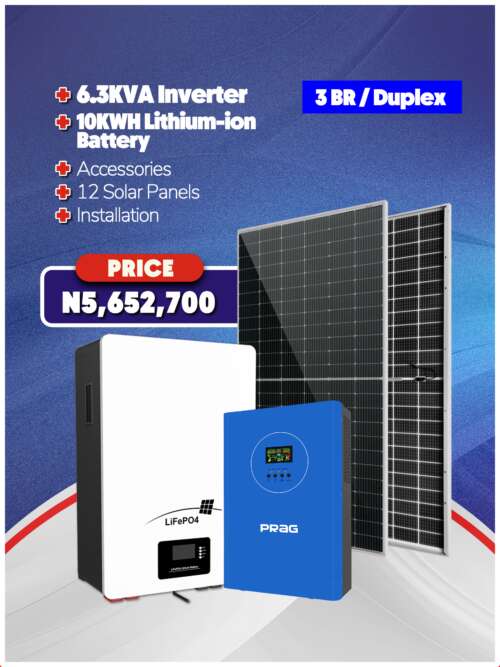 6.3KVA Inverter + 10KWH Battery + Panels + Accessories + Installation