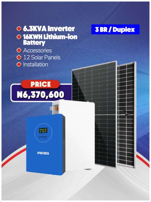 6.3KVA Inverter + 16KWH Battery + Panels + Accessories + Installation