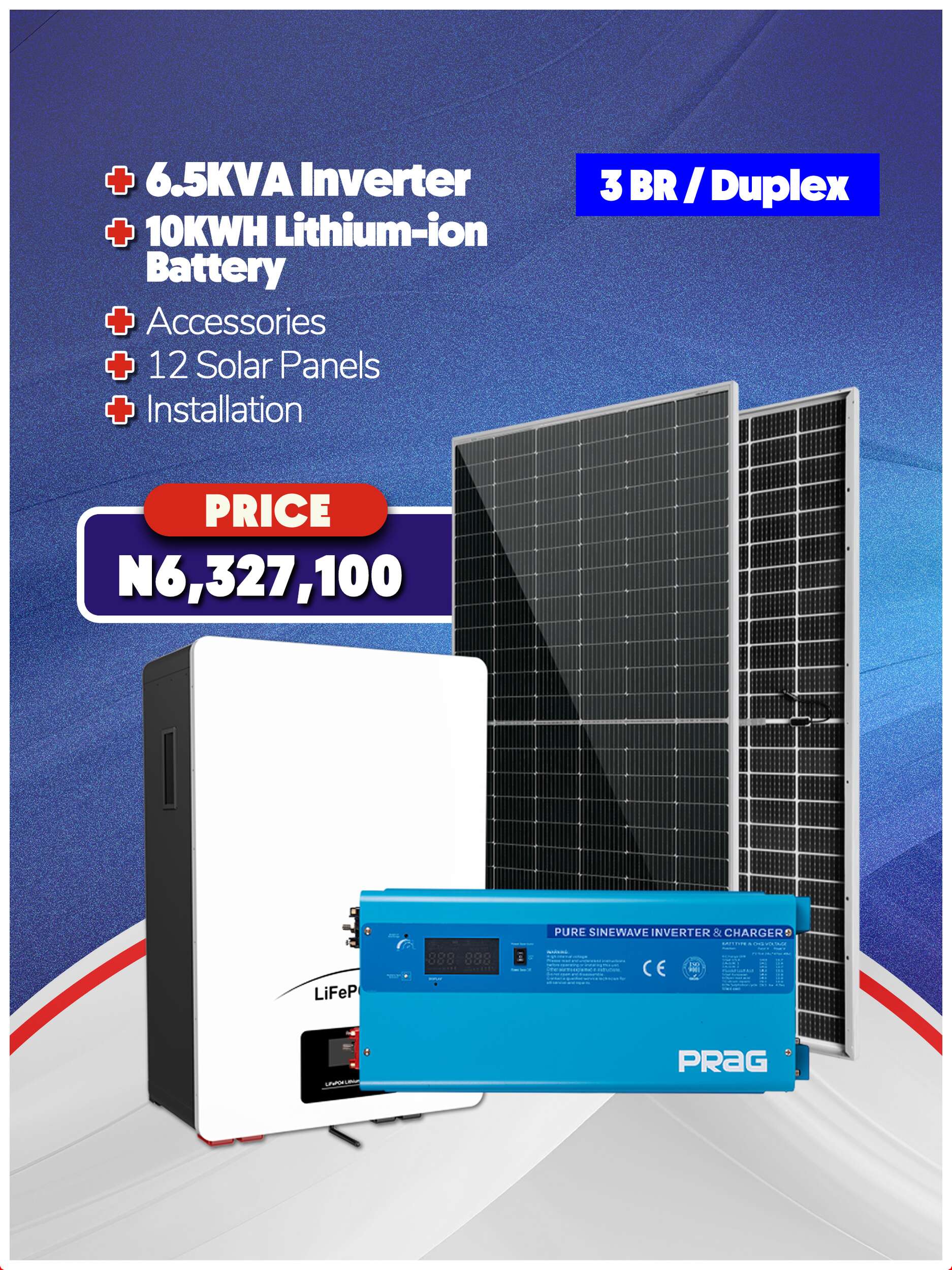 (16) 6.5KVA Inverter + 10KWH Battery + Panels + Accessories + Installation