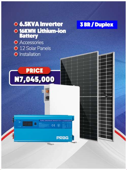 6.5KVA Inverter + 16KWH Battery + Panels + Accessories + Installation