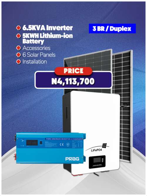 6.5KVA Inverter + 5KWH Battery + Panels + Accessories + Installation